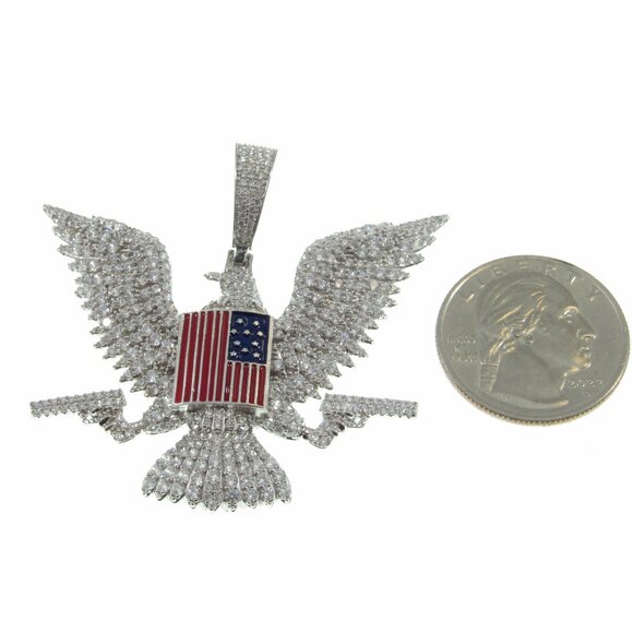 Solid 925 Sterling Silver Iced Out Rhodium Plated Patriotic Eagle & Flag Pendant - Picture 6 of 9